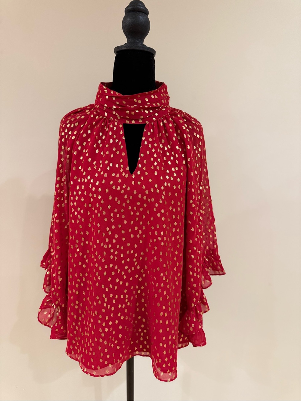 Vince Camuto Red With Gold Dot Button Neck Flutter Sleeve Blouse - Picture 2 of 8